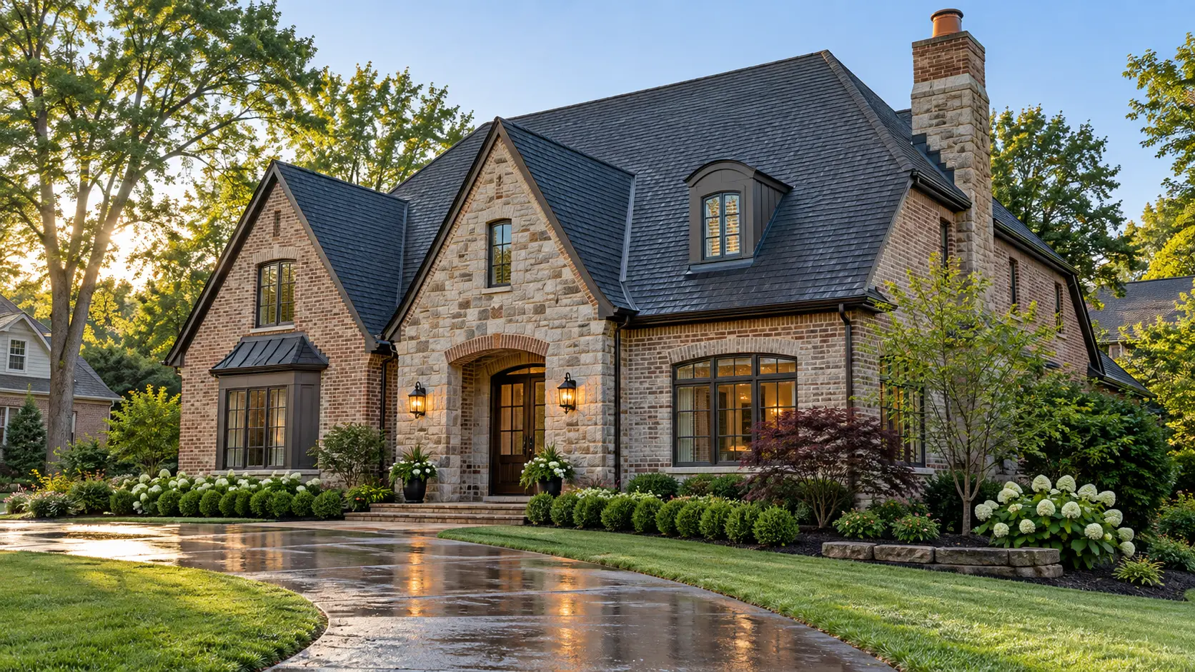 Well kept suburban home with a clean, intact shingle roof after light rain